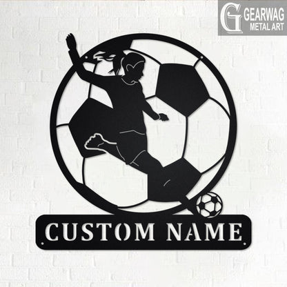 Custom Soccer Metal Wall Art With LED Light, Personalized Soccer Player Name Sign Decoration For Room, Female Soccer Player Metal LED Decor