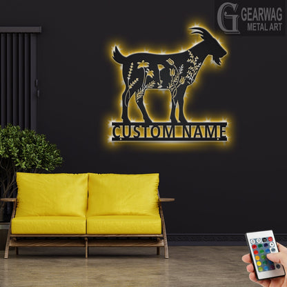 Custom Goat Floral Metal Wall Art With LED Light, Personalized Goat Farm Name Sign Decoration For Room, Goat Metal LED Decor, Custom Goat