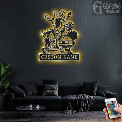 Custom Goat Metal Wall Art With LED Light, Personalized Goat Farm Name Sign Decoration For Room, Goat Metal LED Decor, Custom Goat Farm Name