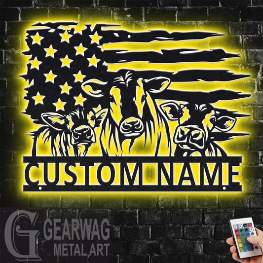 Custom US Cow Farm Metal Sign With LED Light, Personalized Cow Farm Name Sign Decoration For Room, Cow Farm Metal LED Decor, Cow Farmer Gift