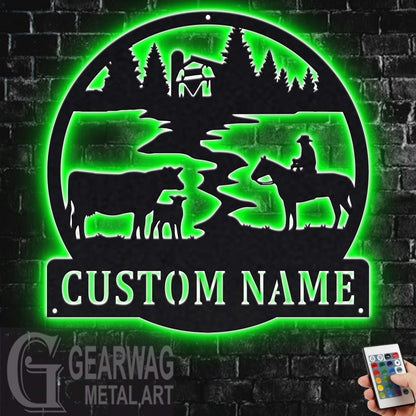 Custom Cow Farm Metal Sign With LED Light, Personalized Cow Farm Name Sign Decoration For Room, Cow Farm Metal LED Decor, Cow Farmer Gift